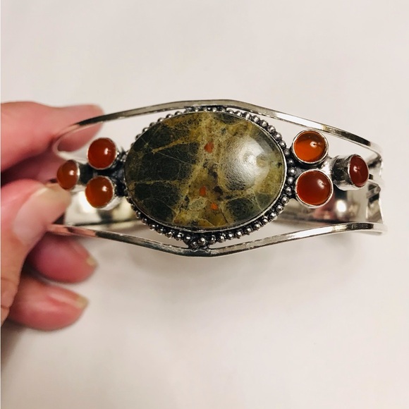 Peanut Obsidian Carnelian Stamped 925 Sterling Silver Cuff Bracelet
